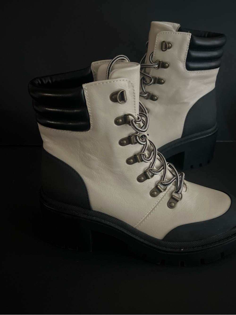 Women's Two-Tone Lace-Up Combat Boots - Cream & Black